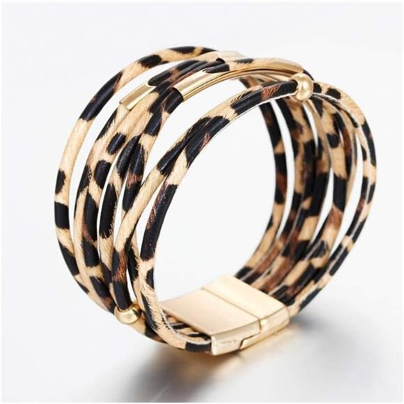 Boho Leather Wrap Bracelet for Women – Multi-Layer Leopard Print - Picture 5 of 7